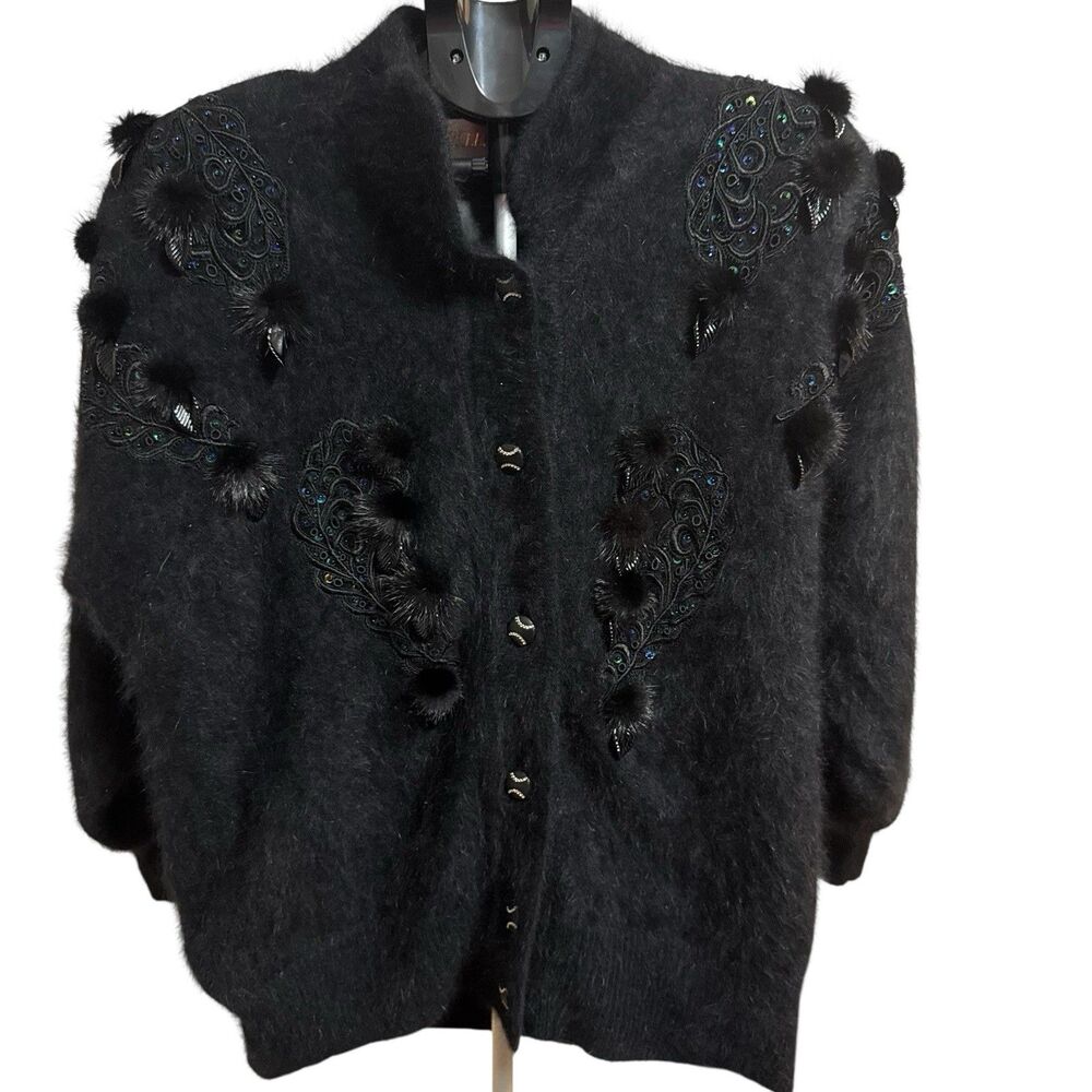 Vtg Belldini Cardigan Women Small Angora‎ Rabbit Hair Sweater Beaded Feathers
